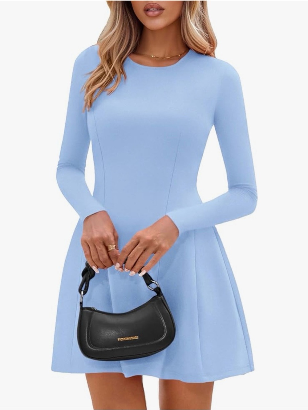 Long-Sleeve Fit-and-Flare Dress in Light Blue